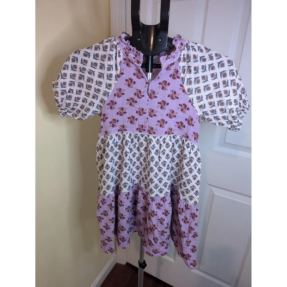 Zara Tiered Dress Kids Size 7 Lilac Floral Block Print Boho Puff Sleeve‎ Gauze